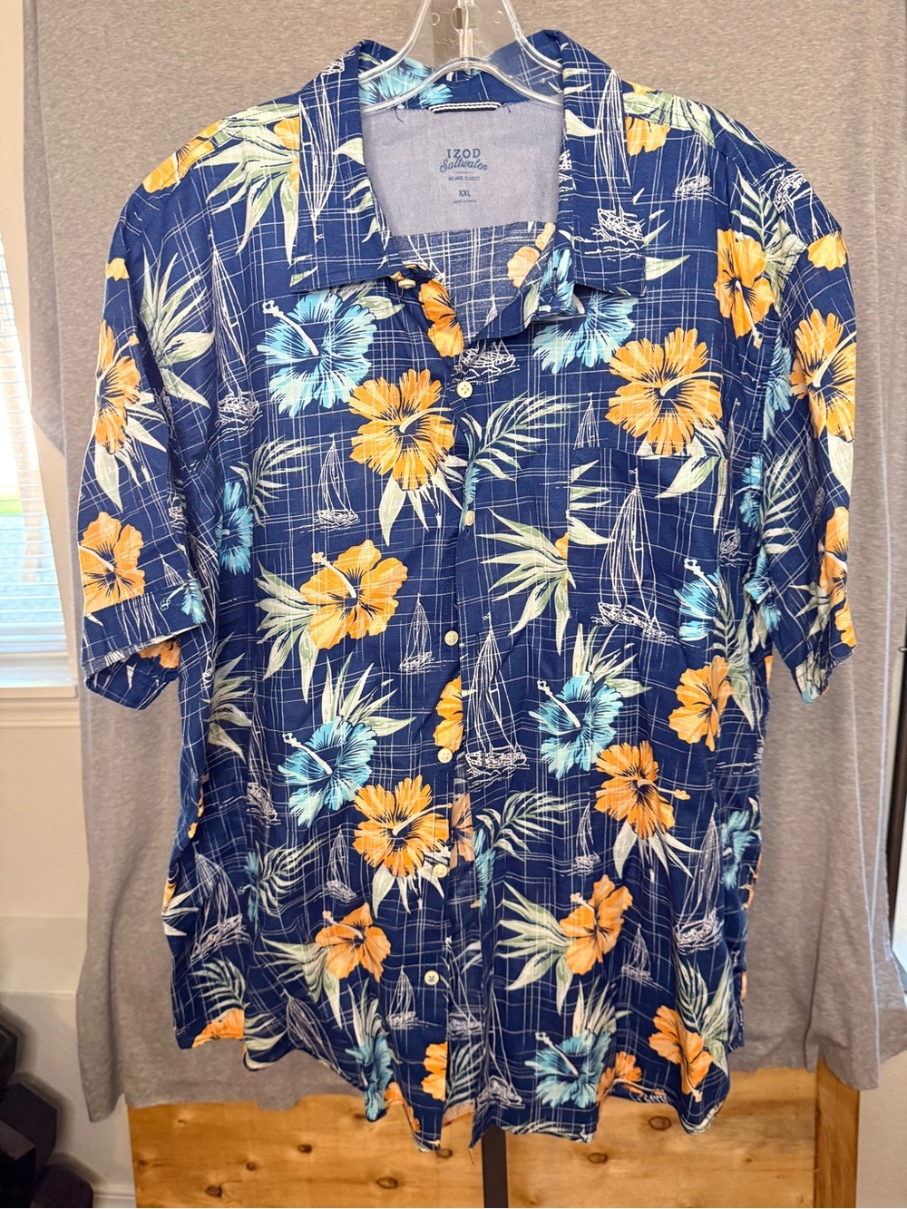 Izod Navy Button-Down Hawaiian Shirt with Yellow & Light Blue Flowers
